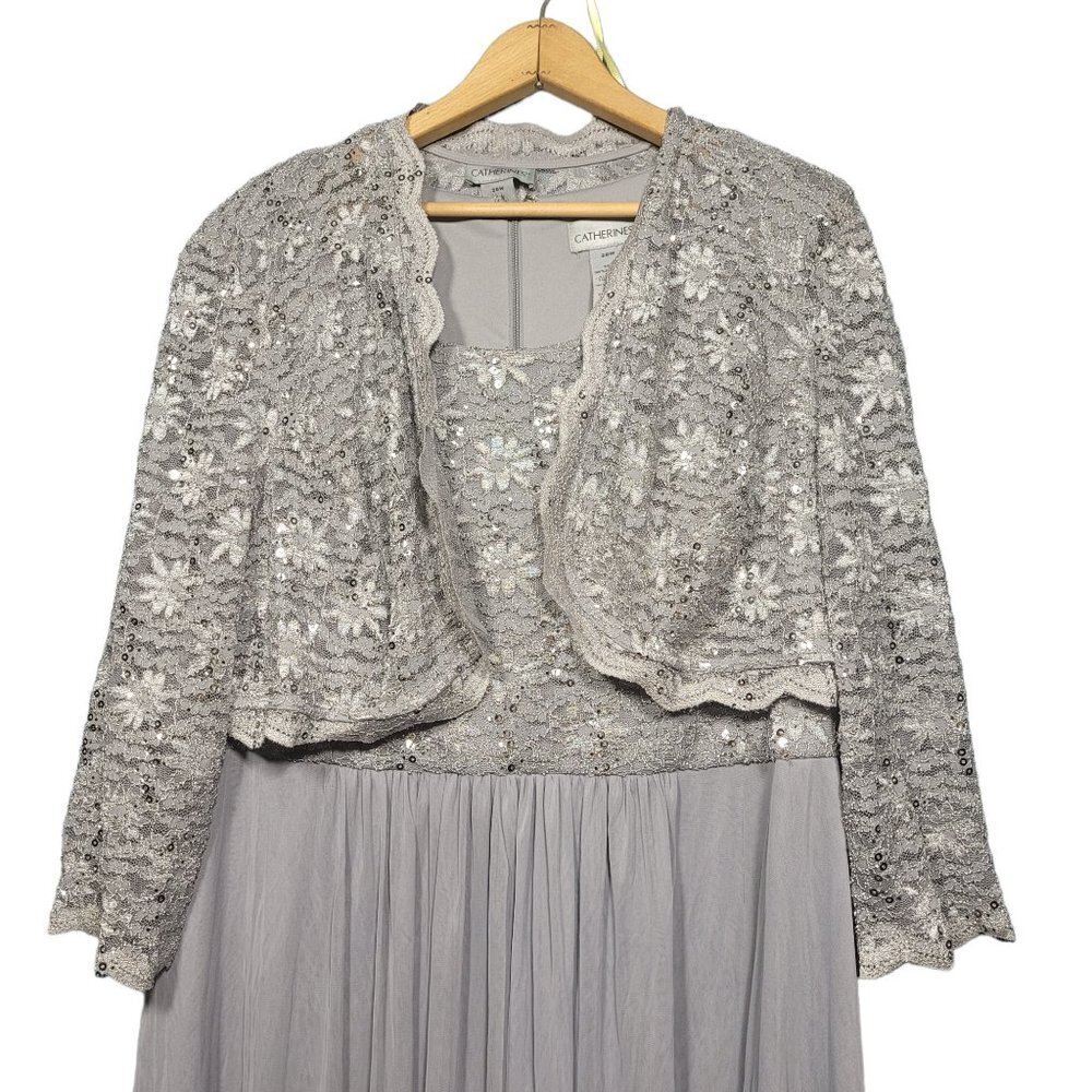 Catherines Sequined Evening Gown w/ Jacket, Gray / Mauve, Size 20W